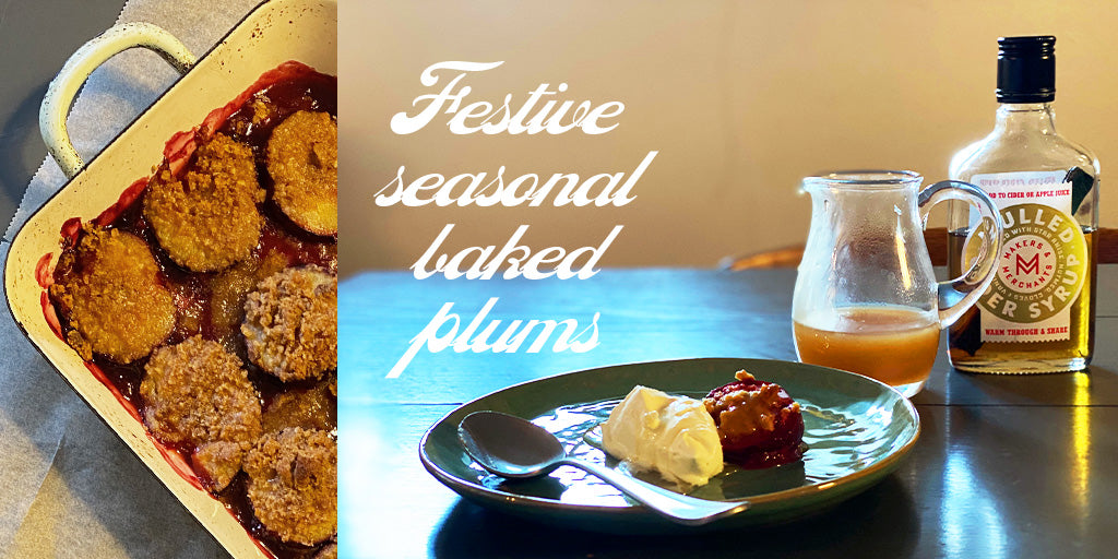 Baked Plums with a Toffee Apple Biscuit Crumb & Sweet Mulled Sauce