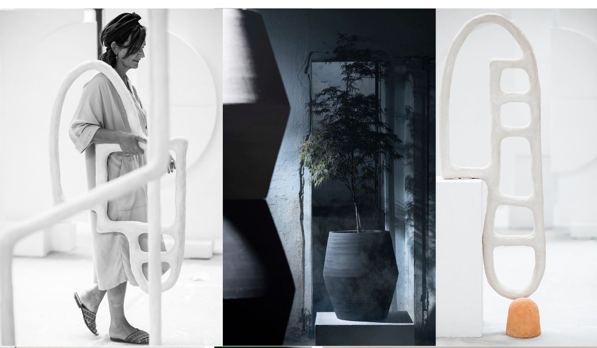 A photo of marie michiellsen with her sculptures and plant pots for Serax on makers and merchants website news post called a moment with marie michiellsen